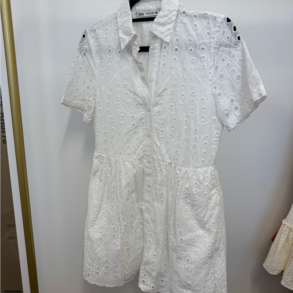 Zara White Eyelet Mini Shirt Dress